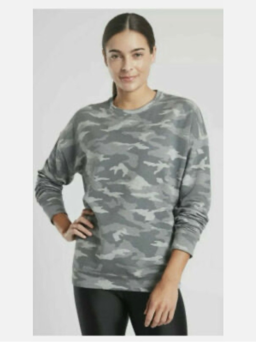 ATHLETA Studio to Street Printed Sweatshirt Top | Grey Camo xs (oversized Ptp 21